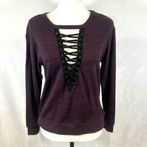 Plunging vneck lace up wine and black sweater size small